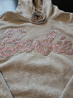 Bedazzled 'Barbie' Hooded Sweatshirt in Light Gray with Pink Rhinestones Size M